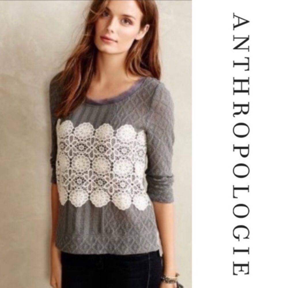 Anthropologie Meadow Rue Gray Lace Crochet Top Women’s Medium Boho Romantic